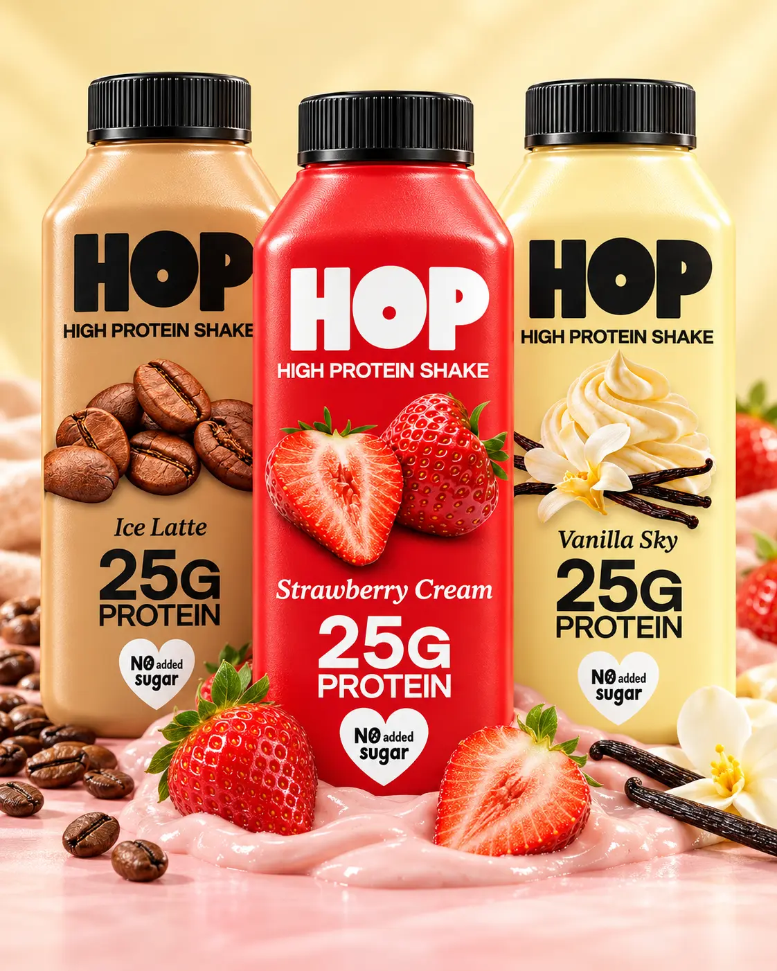 HOP Ice Latte, Strawberry Cream and Vanilla Sky with strawberries and cream
